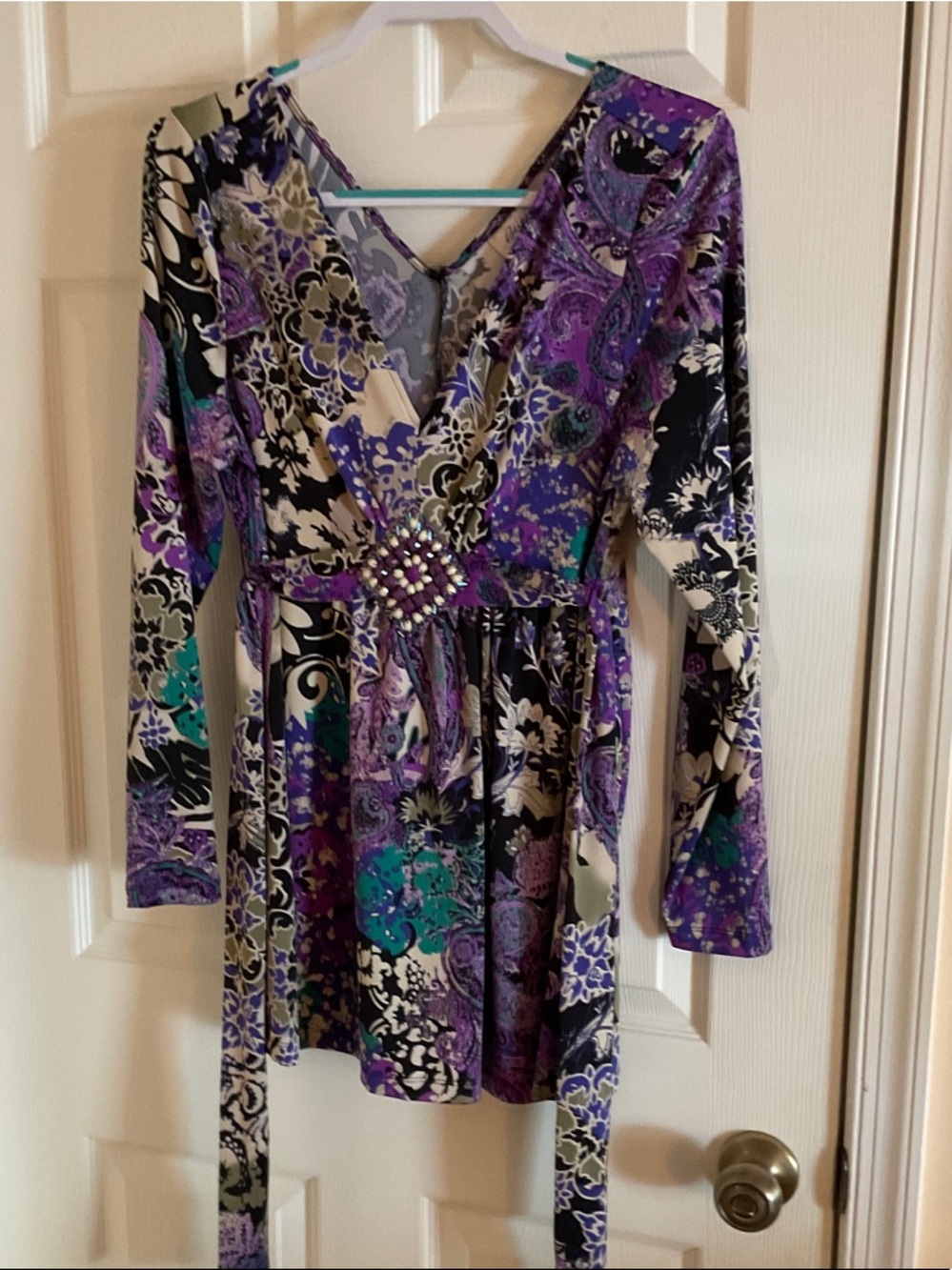 Beige by eci Purple Floral Paisley Long-Sleeve blouse. Ties in the back.